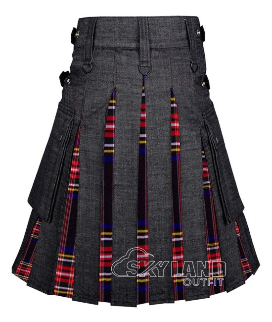 Hybrid Utility Kilts - Black Denim & Black Stewart Tartan Kilt Hybrid Utility Kilts - Black Denim & Black Stewart Tartan Kilt
