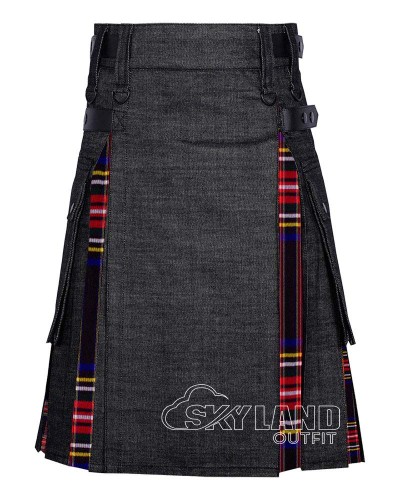 Hybrid Utility Kilts - Black Denim & Black Stewart Tartan Kilt