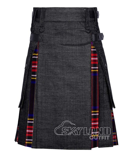 Hybrid Utility Kilts - Black Denim & Black Stewart Tartan Kilt Hybrid Utility Kilts - Black Denim & Black Stewart Tartan Kilt
