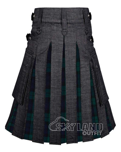 Hybrid Utility Kilts - Black Denim & Black Watch Tartan Kilt Hybrid Utility Kilts - Black Denim & Black Watch Tartan Kilt
