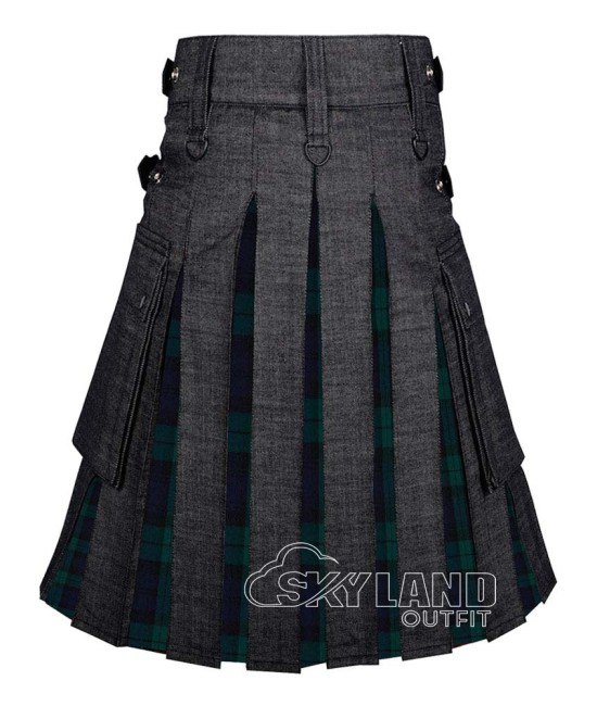 Hybrid Utility Kilts - Black Denim & Black Watch Tartan Kilt Hybrid Utility Kilts - Black Denim & Black Watch Tartan Kilt
