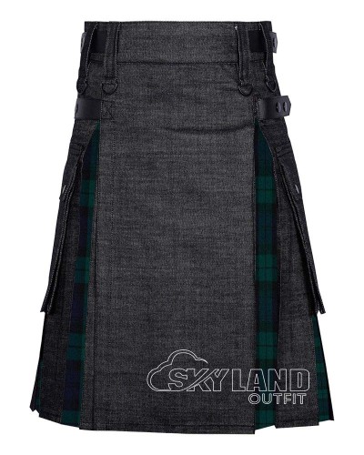 Hybrid Utility Kilts - Black Denim & Black Watch Tartan Kilt