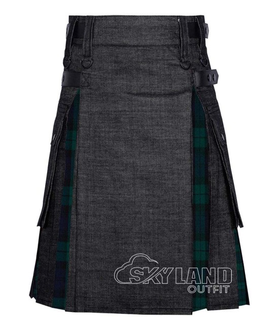 Hybrid Utility Kilts - Black Denim & Black Watch Tartan Kilt Hybrid Utility Kilts - Black Denim & Black Watch Tartan Kilt