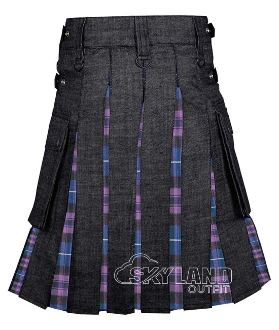 Black Denim Hybrid Utility Kilt with Pride of Scotland Tartan Black Denim Hybrid Utility Kilt with Pride of Scotland Tartan