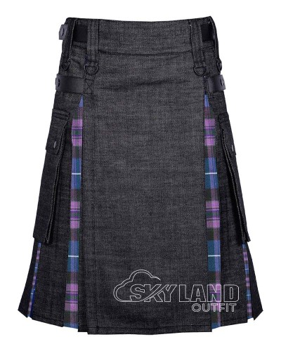 Black Denim Hybrid Utility Kilt with Pride of Scotland Tartan Black Denim Hybrid Utility Kilt with Pride of Scotland Tartan