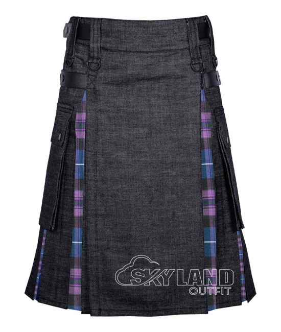 Black Denim Hybrid Utility Kilt with Pride of Scotland Tartan Black Denim Hybrid Utility Kilt with Pride of Scotland Tartan