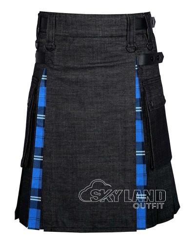 Black Denim Hybrid Utility Kilt with Ramsey Blue Tartan Black Denim Hybrid Utility Kilt with Ramsey Blue Tartan