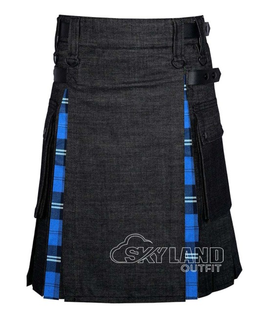 Black Denim Hybrid Utility Kilt with Ramsey Blue Tartan Black Denim Hybrid Utility Kilt with Ramsey Blue Tartan