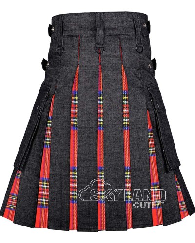 Black Denim Hybrid Utility Kilt with Royal Stewart Tartan Black Denim Hybrid Utility Kilt with Royal Stewart Tartan