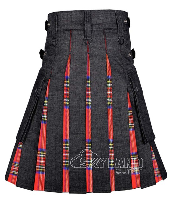 Black Denim Hybrid Utility Kilt with Royal Stewart Tartan Black Denim Hybrid Utility Kilt with Royal Stewart Tartan