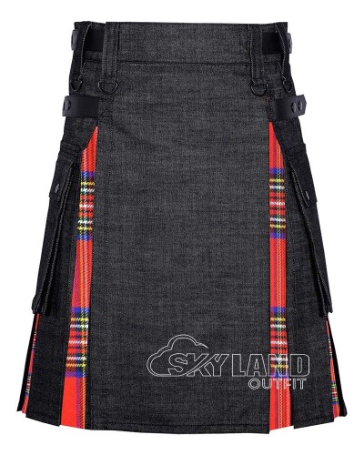 Black Denim Hybrid Utility Kilt with Royal Stewart Tartan Black Denim Hybrid Utility Kilt with Royal Stewart Tartan