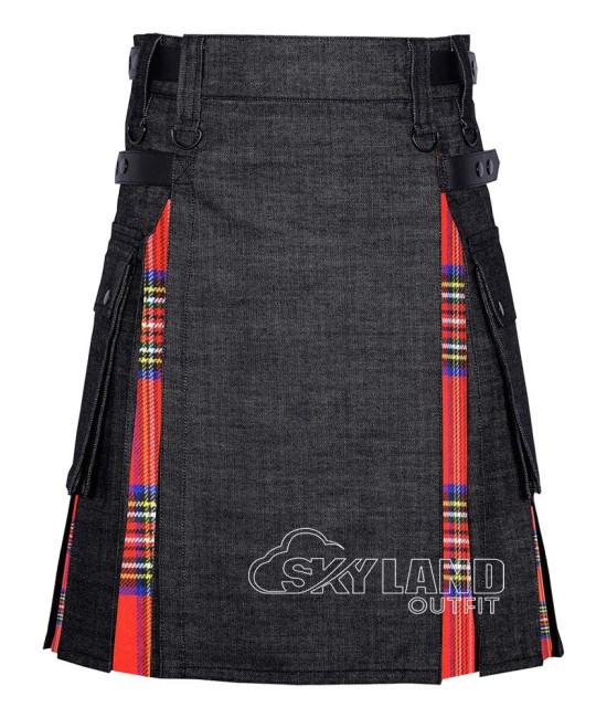 Black Denim Hybrid Utility Kilt with Royal Stewart Tartan Black Denim Hybrid Utility Kilt with Royal Stewart Tartan