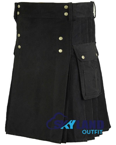 Black Cotton Utility Gothic Kilt | Front Button Design