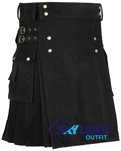 Black Cotton Utility Gothic Kilt | Front Button Design Black Cotton Utility Gothic Kilt | Front Button Design
