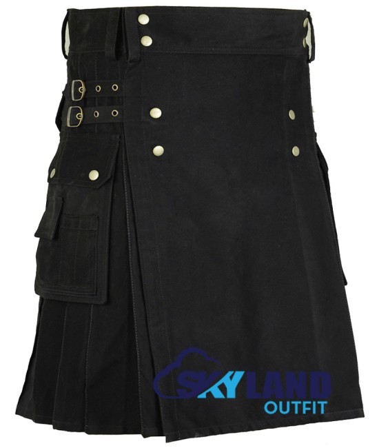 Black Cotton Utility Gothic Kilt with Front Buttons