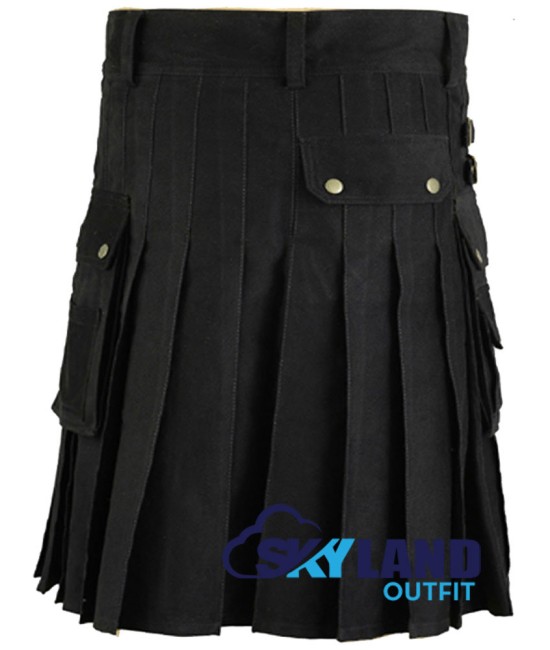 Black Cotton Utility Gothic Kilt with Front Buttons