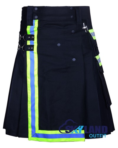 Black Cotton Fireman Utility Kilt | High-Visibility Reflector Tape