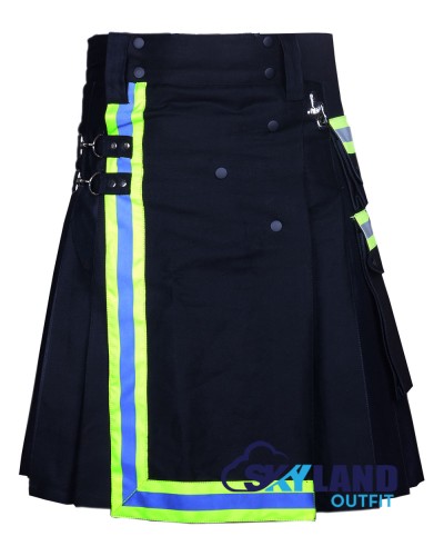 Black Cotton Fireman Utility Kilt | High-Visibility Reflector Tape