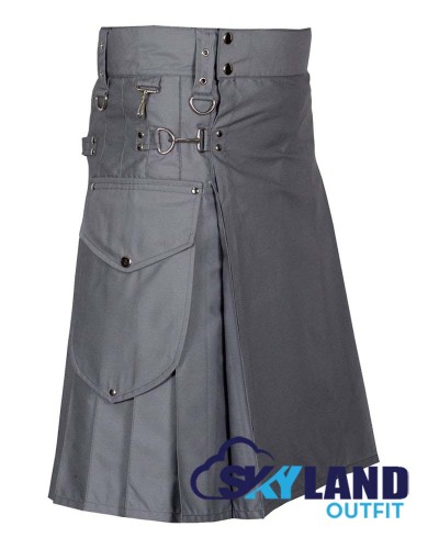 Grey Cotton Cargo Pocket Sport Utility Kilt | Deluxe Utility Kilt