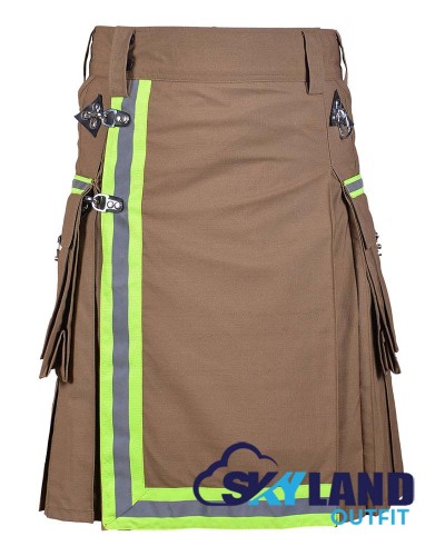 Khaki Cotton Firefighter Utility Kilt | High Visible Reflector Tape