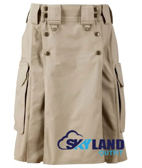 Active Men Tactical Duty Khaki Cotton Kilt with Side Cargo Pockets