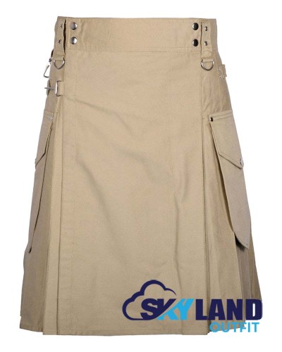 Khaki Cotton Cargo Pocket Utility Kilt | Deluxe Sports Utility Kilt