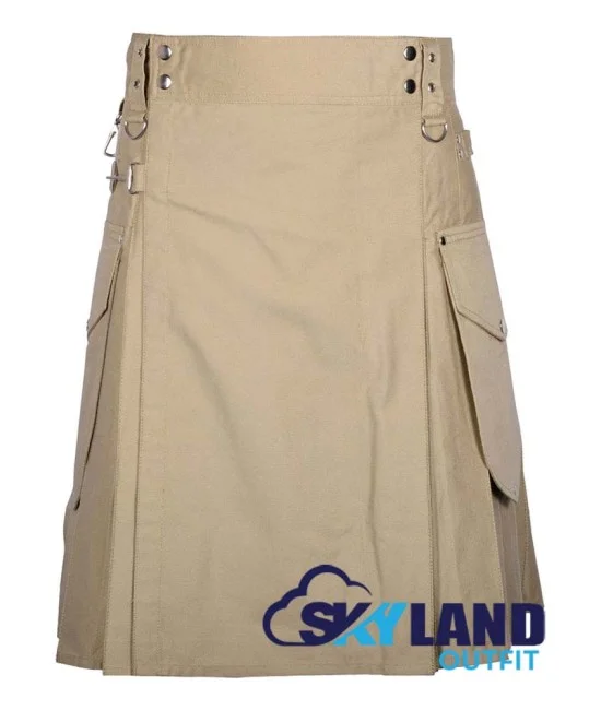 Khaki Cargo Pocket Sport Utility Kilt - Deluxe Utility Kilt