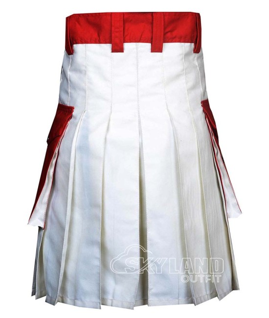 Red and White Cotton Utility Kilt | Red Front Apron Cargo Pockets Work Kilts Red and White Cotton Utility Kilt | Red Front Apron Cargo Pockets Work Kilts
