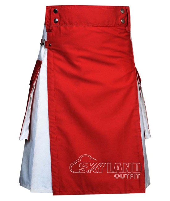 Red and White Cotton Utility Kilt | Red Front Apron Cargo Pockets Work Kilts Red and White Cotton Utility Kilt | Red Front Apron Cargo Pockets Work Kilts