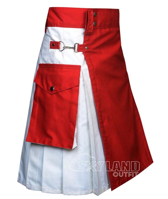 Red and White Cotton Utility Kilt | Red Front Apron Cargo Pockets Work Kilts Red and White Cotton Utility Kilt | Red Front Apron Cargo Pockets Work Kilts
