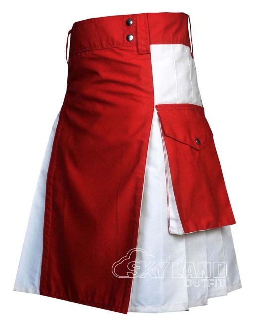 Red and White Cotton Utility Kilt | Red Front Apron Cargo Pockets Work Kilts Red and White Cotton Utility Kilt | Red Front Apron Cargo Pockets Work Kilts