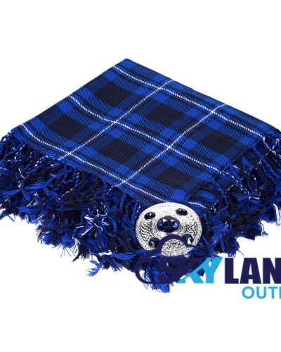 Ramsey Blue Tartan Scottish Kilt Fly Plaid with Hand Fringed