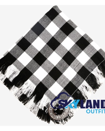 White / Black Rob Roy Tartan Scottish Kilt Fly Plaid with Hand Fringed