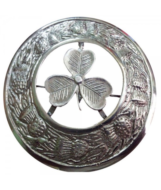 Premium Quality Shamrock Leaf Silver Coated Fly Plaid Brooch for Scottish Kilt