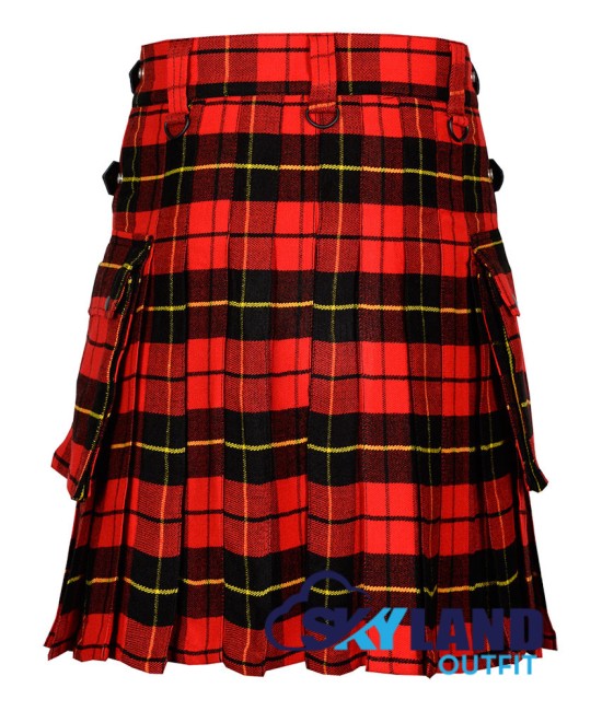 Scottish Wallace tartan utility kilt with adjustable leather straps