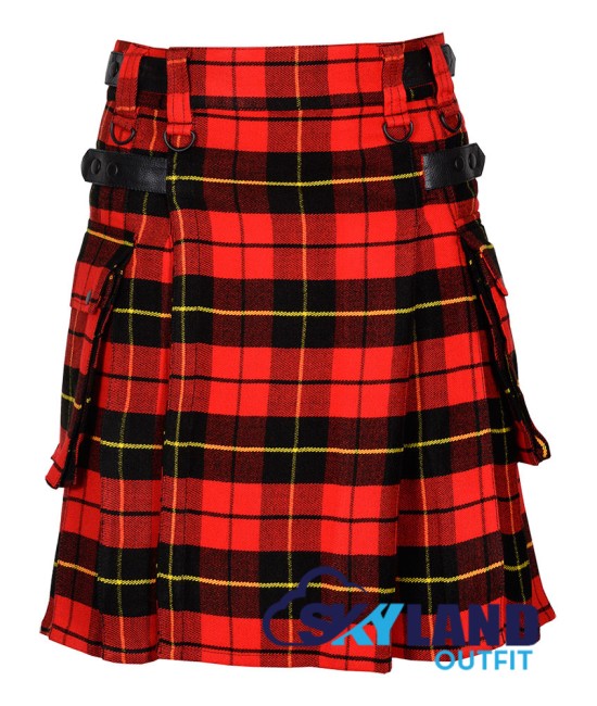 Scottish Wallace tartan utility kilt with adjustable leather straps