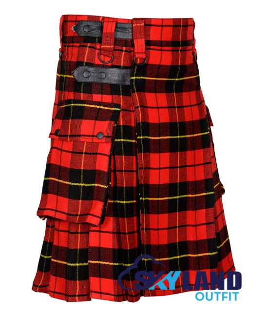 Scottish Wallace tartan utility kilt with adjustable leather straps