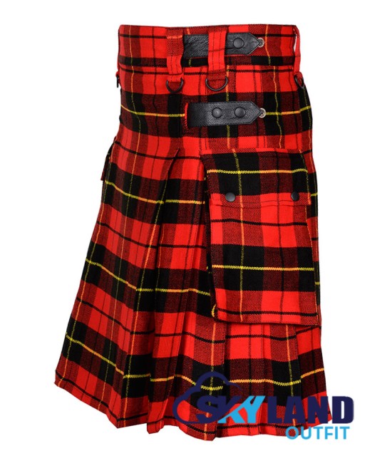 Scottish Wallace tartan utility kilt with adjustable leather straps