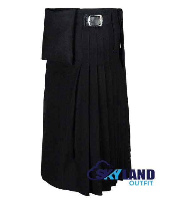 Scottish 8-Yard Black Wool Kilt with 3 Detachable Pockets