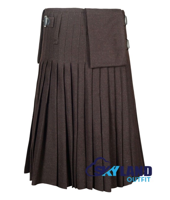 Scottish 8-Yard Brown Wool Kilt with 3 Detachable Pockets