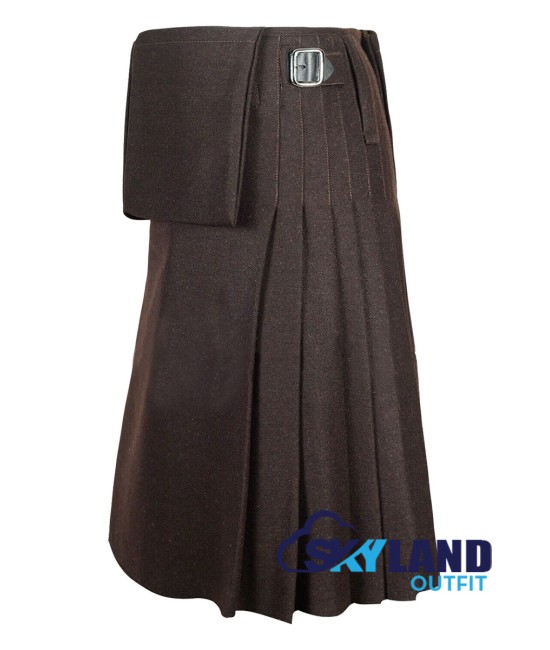 Scottish 8-Yard Brown Wool Kilt with 3 Detachable Pockets