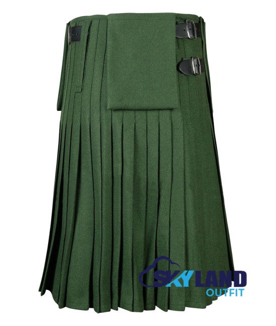 Scottish 8-Yard Forest Green Wool Kilt with 3 Detachable Pockets