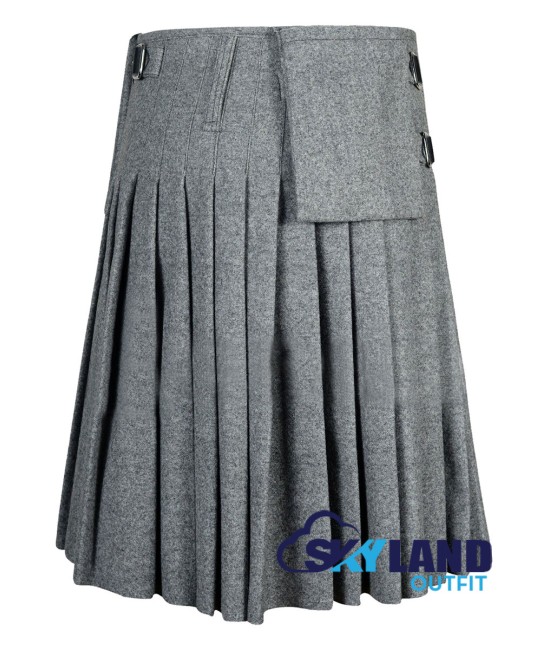 Scottish 8-Yard Grey Wool Kilt with 3 Detachable Pockets