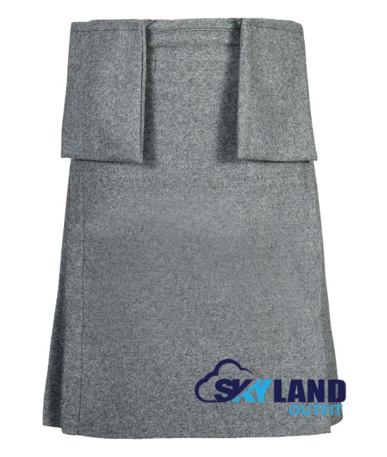 Scottish 8-Yard Grey Wool Kilt with 3 Detachable Pockets