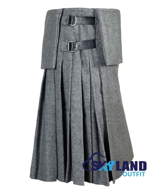 Scottish 8-Yard Grey Wool Kilt with 3 Detachable Pockets