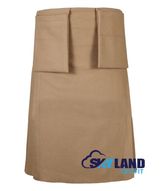 Scottish 8-Yard Khaki Wool Kilt with 3 Detachable Pockets