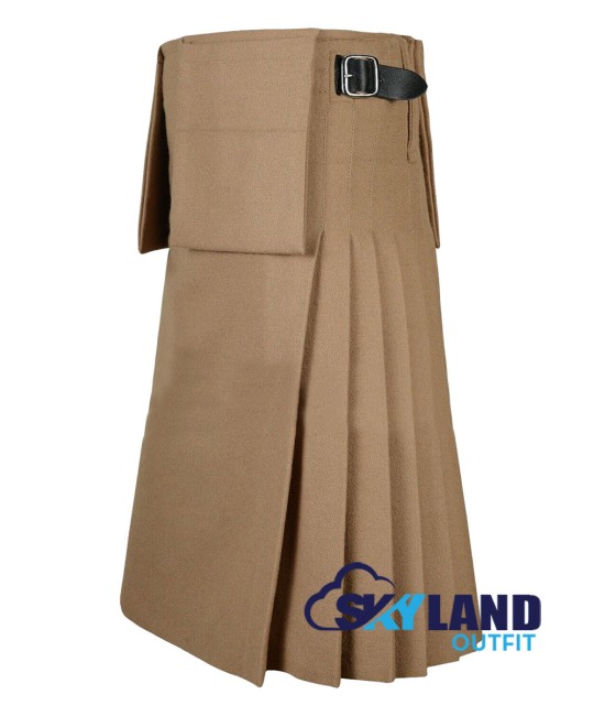 Scottish 8-Yard Khaki Wool Kilt with 3 Detachable Pockets