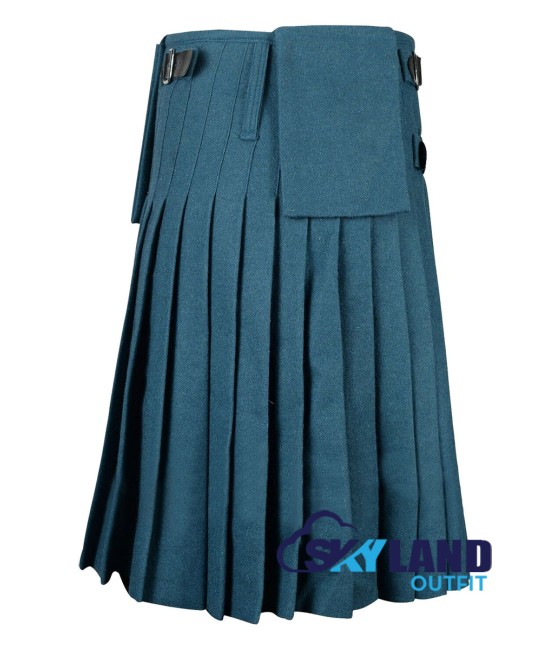 Scottish 8-Yard Smooking Blue Wool Kilt with 3 Detachable Pockets