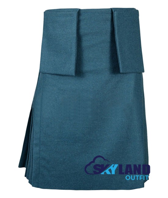 Scottish 8-Yard Smooking Blue Wool Kilt with 3 Detachable Pockets