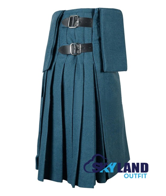 Scottish 8-Yard Smooking Blue Wool Kilt with 3 Detachable Pockets